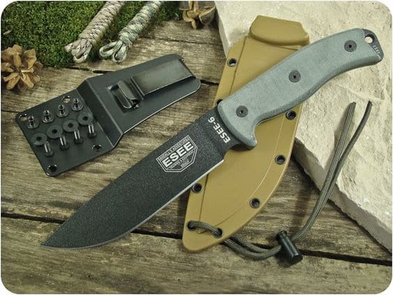 ESEE 6P Black Fixed Blade Knife with Desert Brown Molded Polymer Sheath